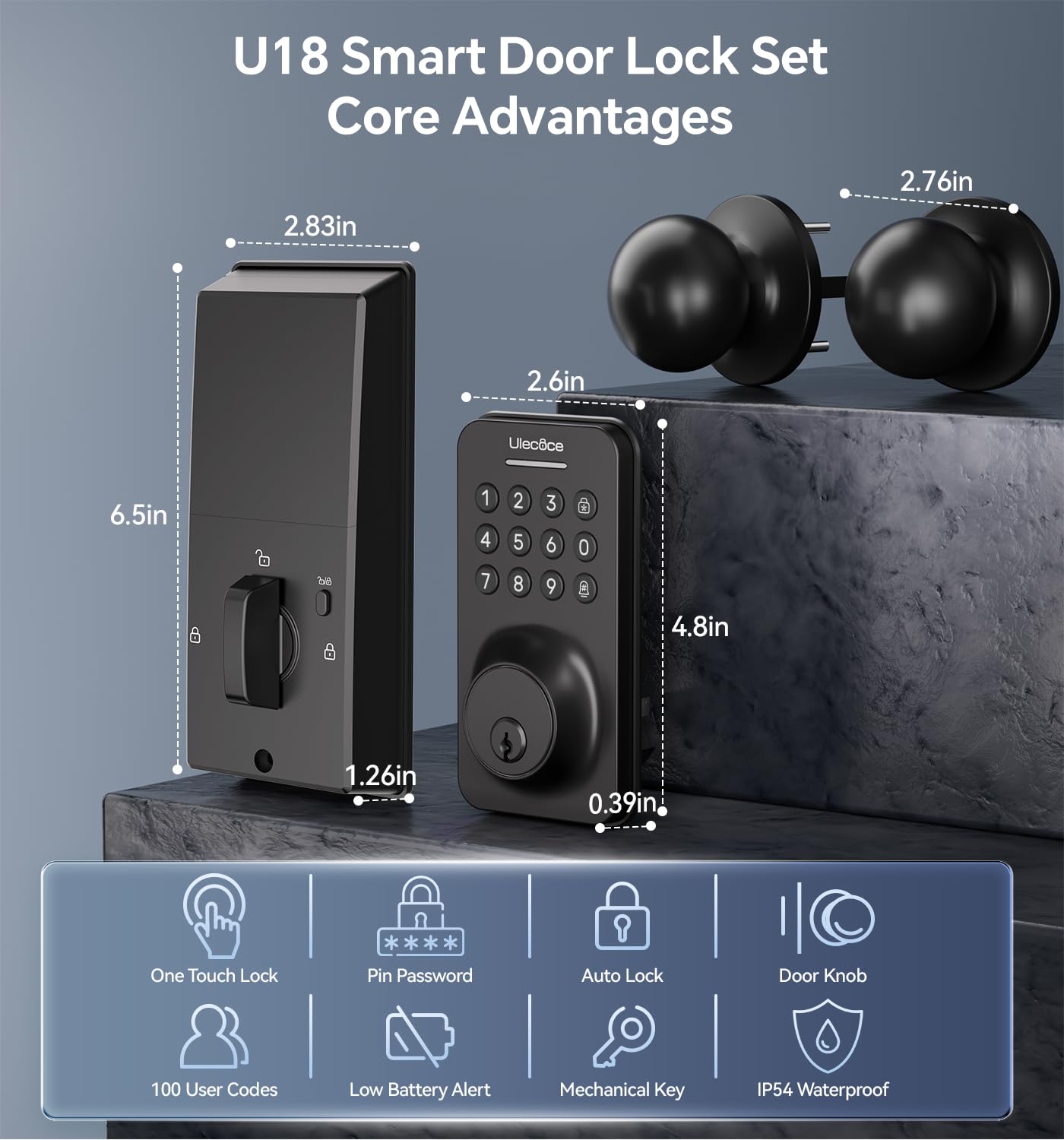 Keyless Entry Keypad Deadbolt with Handle Set, Smart Lock, Auto-Lock + One-Touch Lock, 100 Codes + 15-Min Easy Install, Ideal for Airbnb/Homes/Offices, Fits U.S. Standard Front Doors, Black