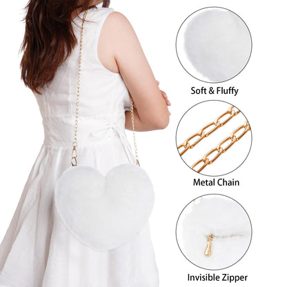 Miayon Heart Shaped Faux Fur Purse Fluffy Crossbody Shoulder Bag Cute Clutch Purses for Women Girls Halloween Christmas Valentine (White)