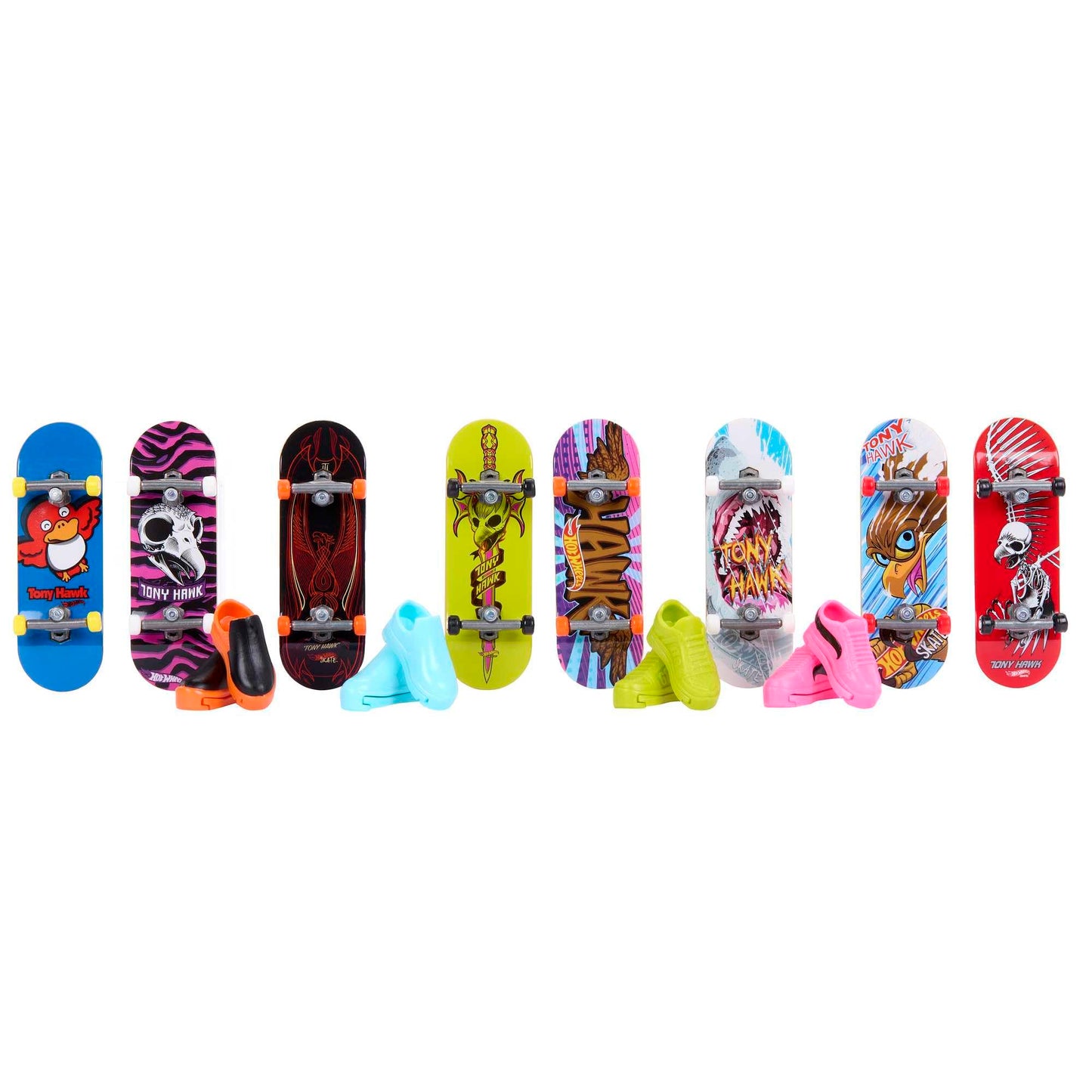 Hot Wheels Skate, 8 Fully Assembled Tony Hawk-Themed Finger Skateboards and 4 Pairs of Skate Shoes, 1 Exclusive Set, 8-Pack Bundle, HMY19