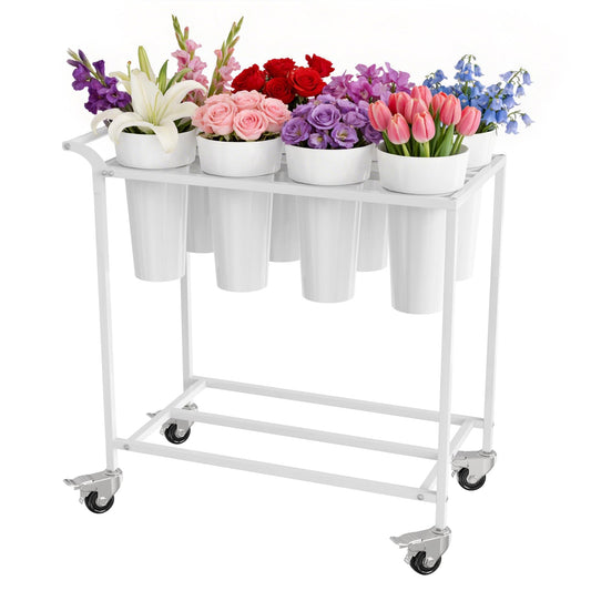 VGMiu Flower Display Stand with 8 Buckets,Flower Cart White Metal Flower Bar Stand with Wheels, Moving Florist Bouquet Shelf for Weddings Florist Indoor Outdoor Patio Garden Living Room