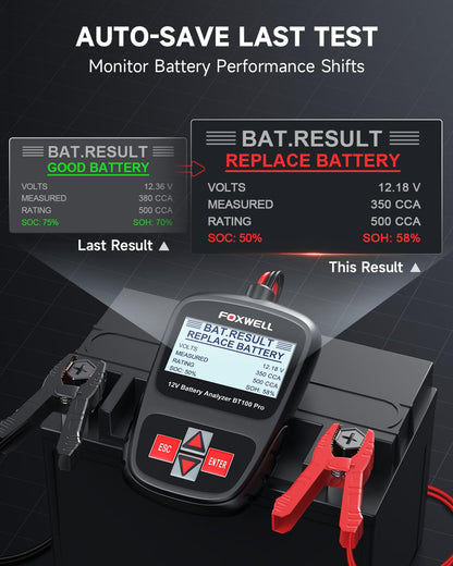 FOXWELL BT100 PRO 12V Car Battery Tester, 100-1100CCA Battery Load Tester, Automotive Digital Analyzer for Cars Trucks Motorcycles SUVs and Marine