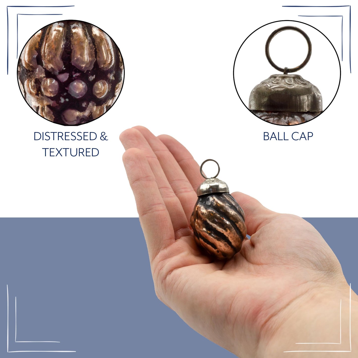 AuldHome Mercury Glass Finial Ornaments (Set of 12, Copper, Small); Distressed Metal Antique Style Christmas Tree Decorations; 1.3 to 2-Inch Size