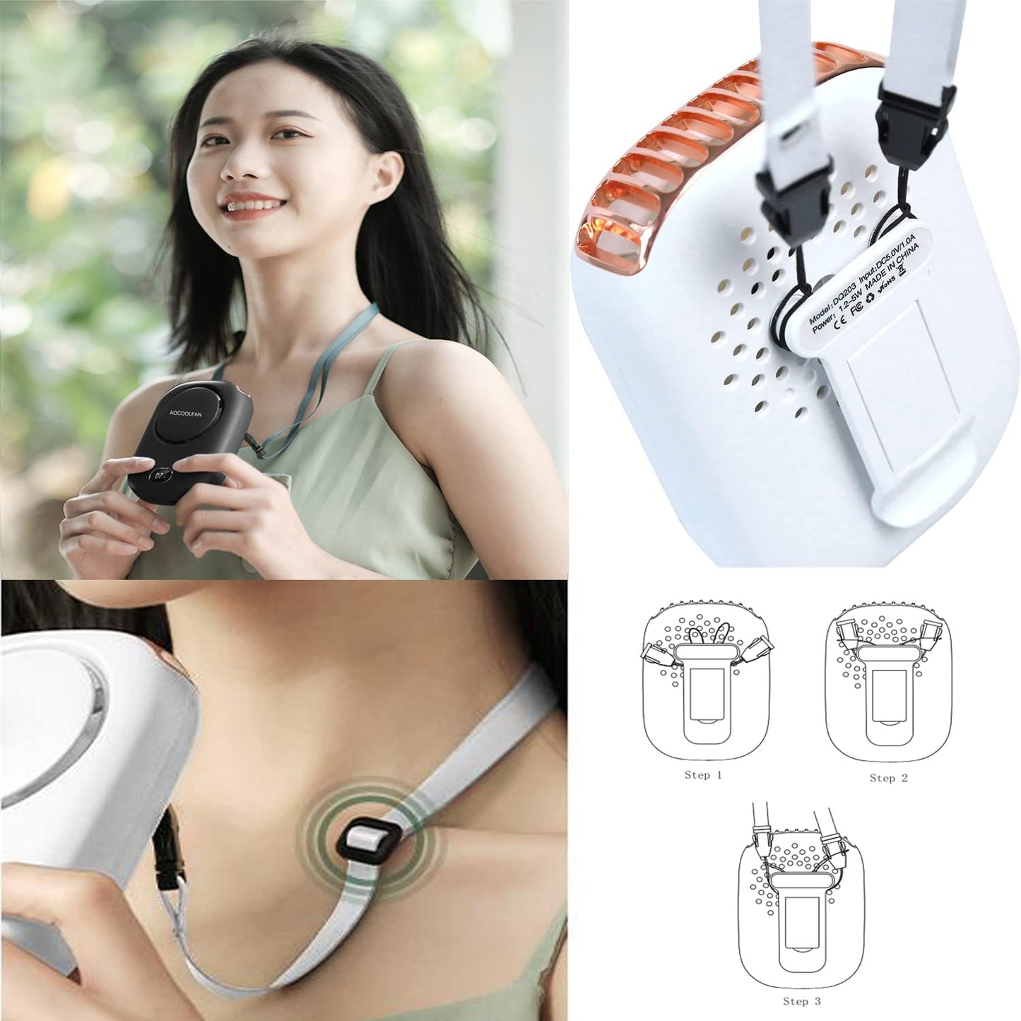 AOCOOLFAN Portable Neck Fan, Mini Small Personal Handheld Fan USB Rechargeable 3 Speed for Girls Boys Woman Eyelash Travel Home Office Outdoor (Black)