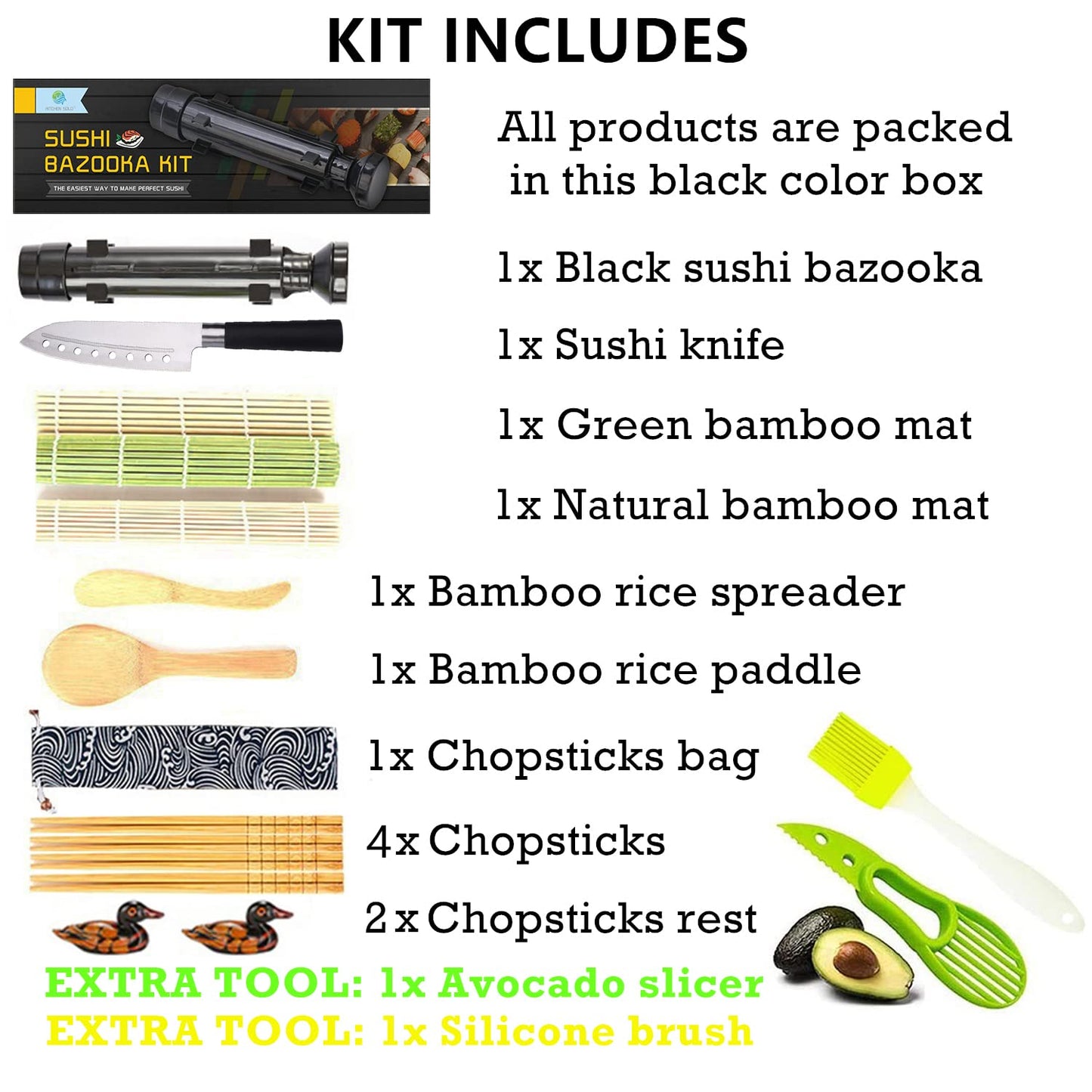 FUNGYAND Sushi Making Kit, All-in-One Bazooka Roller Set with Bamboo Mats, Avocado Slicer, Paddle, Knife, Chopstick & Holders, Cotton Bag - DIY Maki Roller Machine