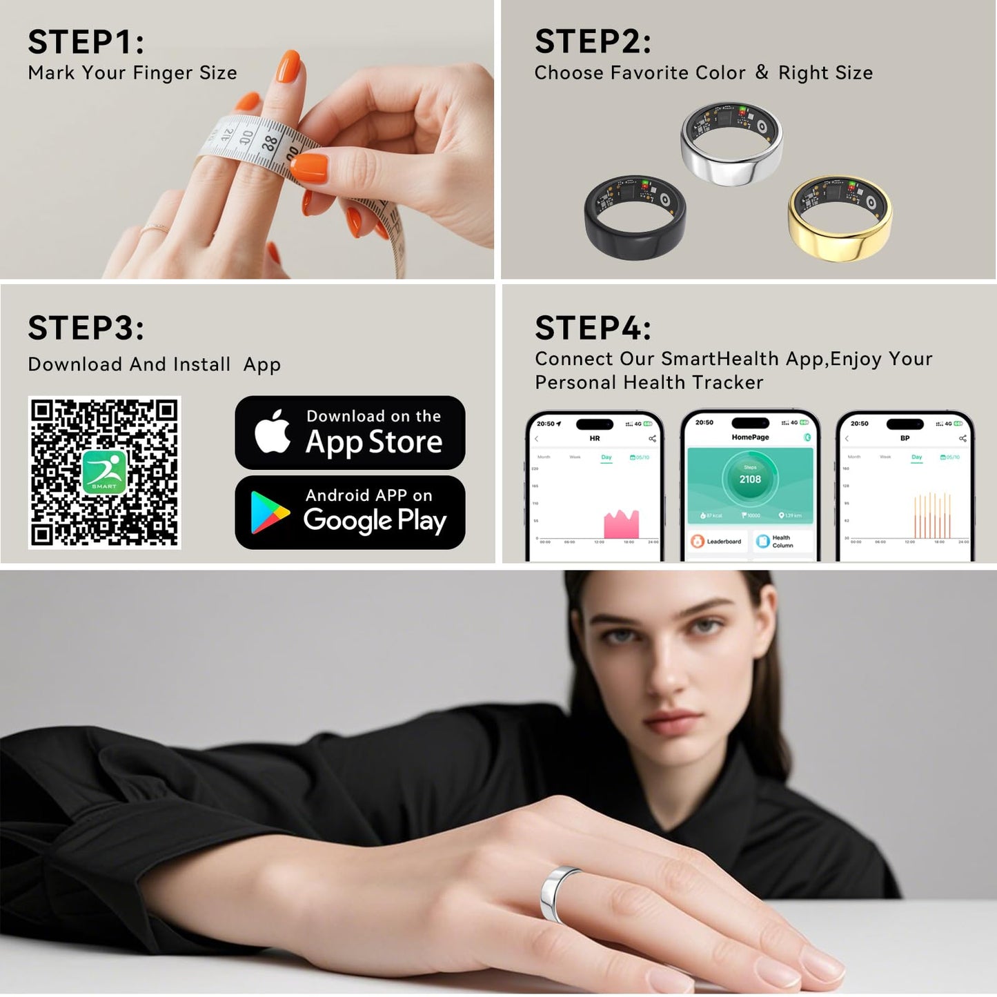 Smart Rings for Women Men,Fitness Tracker Ring,Heart Rate,Blood Oxygen,Blood Pressure,Step Tracker,Sleep Monitoring,No Subscription Fee,IP68 Waterproof Smart Ring for iphone&Android(Silver 8)