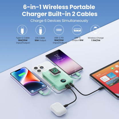 Magnetic Portable Charger 10800mAh for iPhone with Built-in Cables, 6-in-1 Wireless Power Bank with iWatch Charger, LCD Display 25W PD Fast Charging Battery Pack for iPhone 16/15/14/13/12, Apple Watch