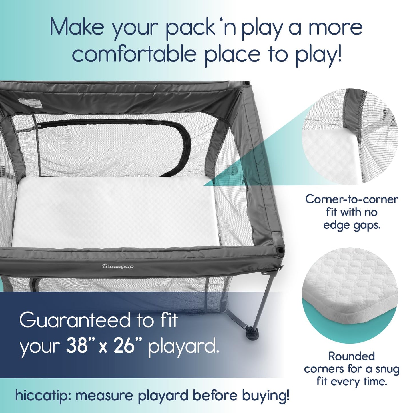 hiccapop Playpen Mattress Pad - 1.0" Thick Playard Mattress Topper for Pack and Play with Washable Cover and Carry Bag