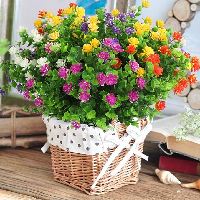 10 Bundles Artificial Flowers, Outdoor Gypsophila Baby's Breath Fake Flowers, UV Resistant Faux Greenery Shrubs Hanging Plants for Home Wedding Garden Porch Window Decoration (Round Leaves)