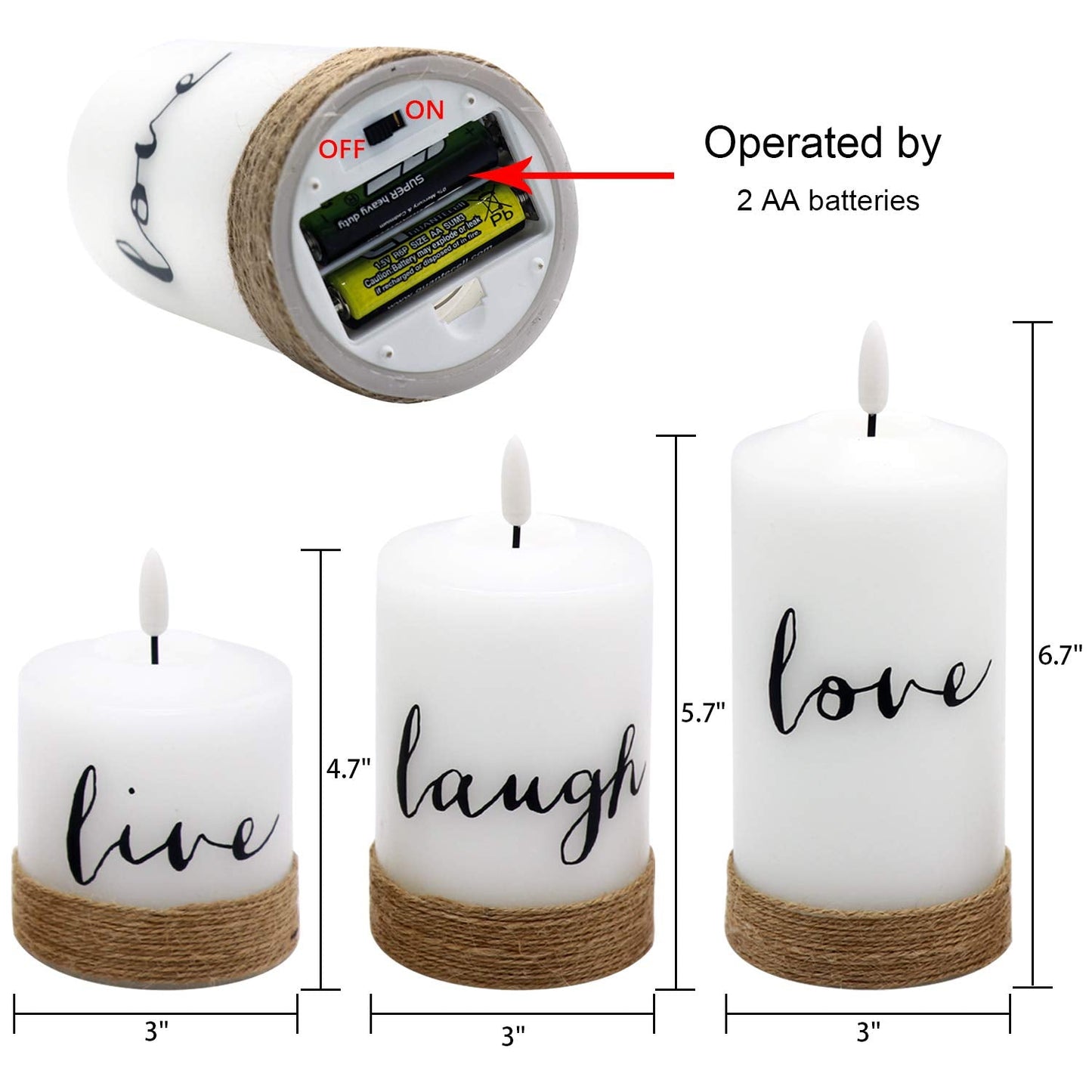 GenSwin Battery Flameless Candles with 10-Key Remote Timer, Real Wax Pillar LED Candles Live Laugh Love, Realistic 3D Wick Flickering Gift (D3 x H4.7 5.7" 6.7", Pack of 3)