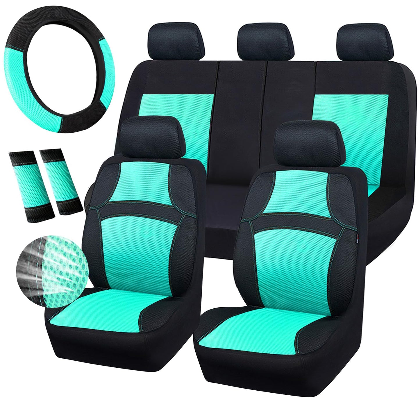 CAR PASS 3D Air Mesh-100% Breathable Seat Covers Full Sets, Steering Wheel Cover,Belt Cover, Airbag Compatible for Automotive SUV Truck Black Mint