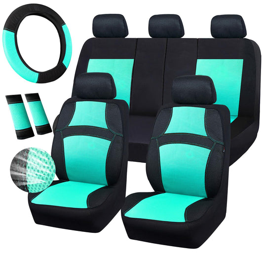 CAR PASS 3D Air Mesh-100% Breathable Seat Covers Full Sets, Steering Wheel Cover,Belt Cover, Airbag Compatible for Automotive SUV Truck Black Mint