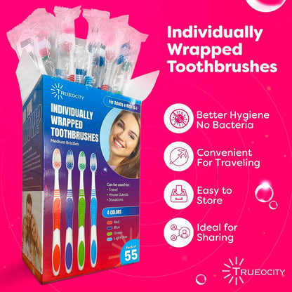 Toothbrushes Bulk Individually Wrapped – 55 Pack Medium Bristle, Multi-Colored Toothbrushes for Adults and Kids, Travel & Hospitality Multi-Pack