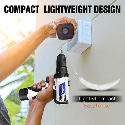 Mini Cordless Drill Driver Kit w/One Battery, 12V Electric Screwdriver Driver Tool Kit with LED Work Light, Max Torque 45 N.m, 3/8 Inch Keyless Chuck, 18+1 Position, Dual Speed 0-400/1400rpm