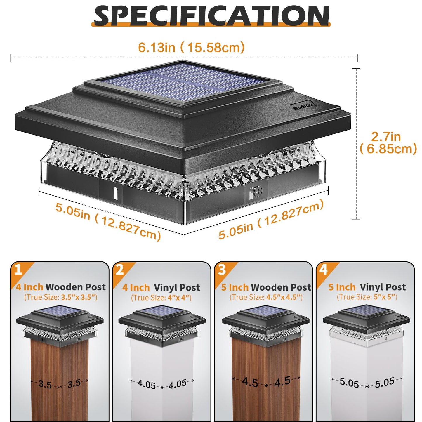 SIEDiNLAR Solar Post Cap Lights, 6 Pack 2 Modes 50 Lumens, 4x4 5x5 Wooden/Vinyl Posts Waterproof Outdoor Lighting for Deck Fence Patio, White/Warm (Black)
