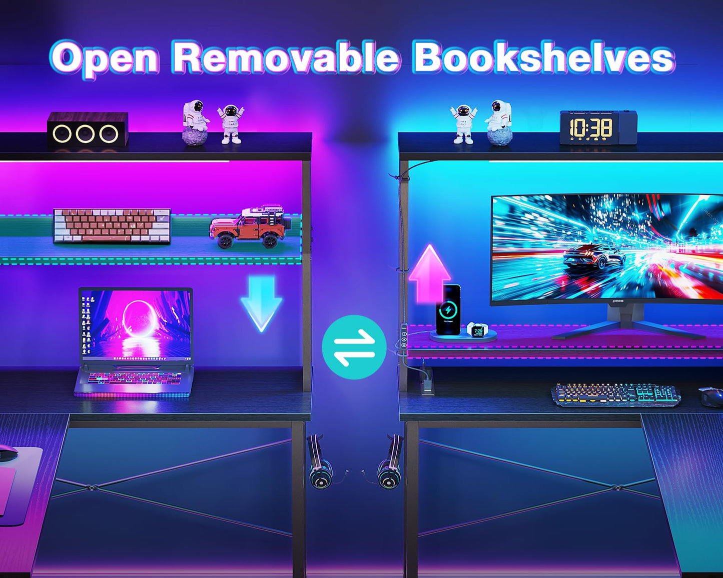 AODK L Shaped Desk Gaming Desk with LED Light & Power Outlet, 53 Inch Reversible L Shaped Computer Table with Shelf & Storage Bag & Hook for Home Office, Black