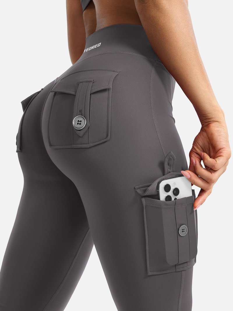 YEOREO CoreFlex Women Workout Flare Leggings with Pockets Hidden Scrunch High Waisted Cargo Gym Yoga Leggings Dark Grey S