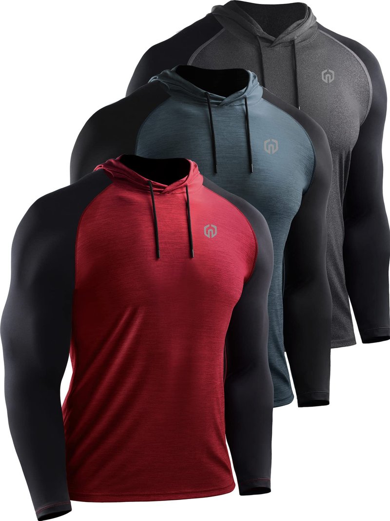 NELEUS Men's Running Shirt Long Sleeve Workout Shirts with Hoods,5102,3 Pack,Dark Grey/Slate Grey/Red,XX-Large