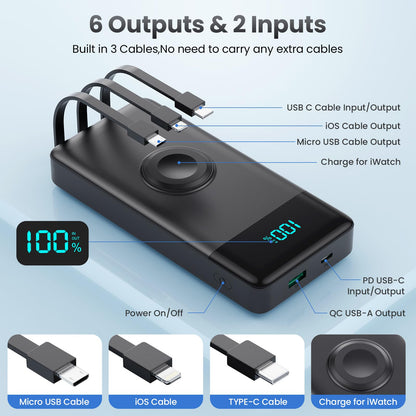 Wireless Portable Charger 40800mAh with 3 Built-in Cables,7-in-1 15W Wireless Charging Power Bank,25W PD QC 4.0 Fast Charging USB C LCD Display Battery Pack for iPhone 17/16/15/13,Samsung,Android etc