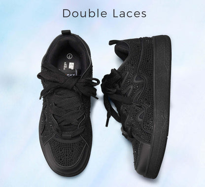 LUCKY STEP Women's Sparkle Rhinestone Fashion Sneakers Walking Tennis Bling Glitter Roaring Shoes Platform Lace up Casual Mesh Sneaker(Black Rhinestone,7)