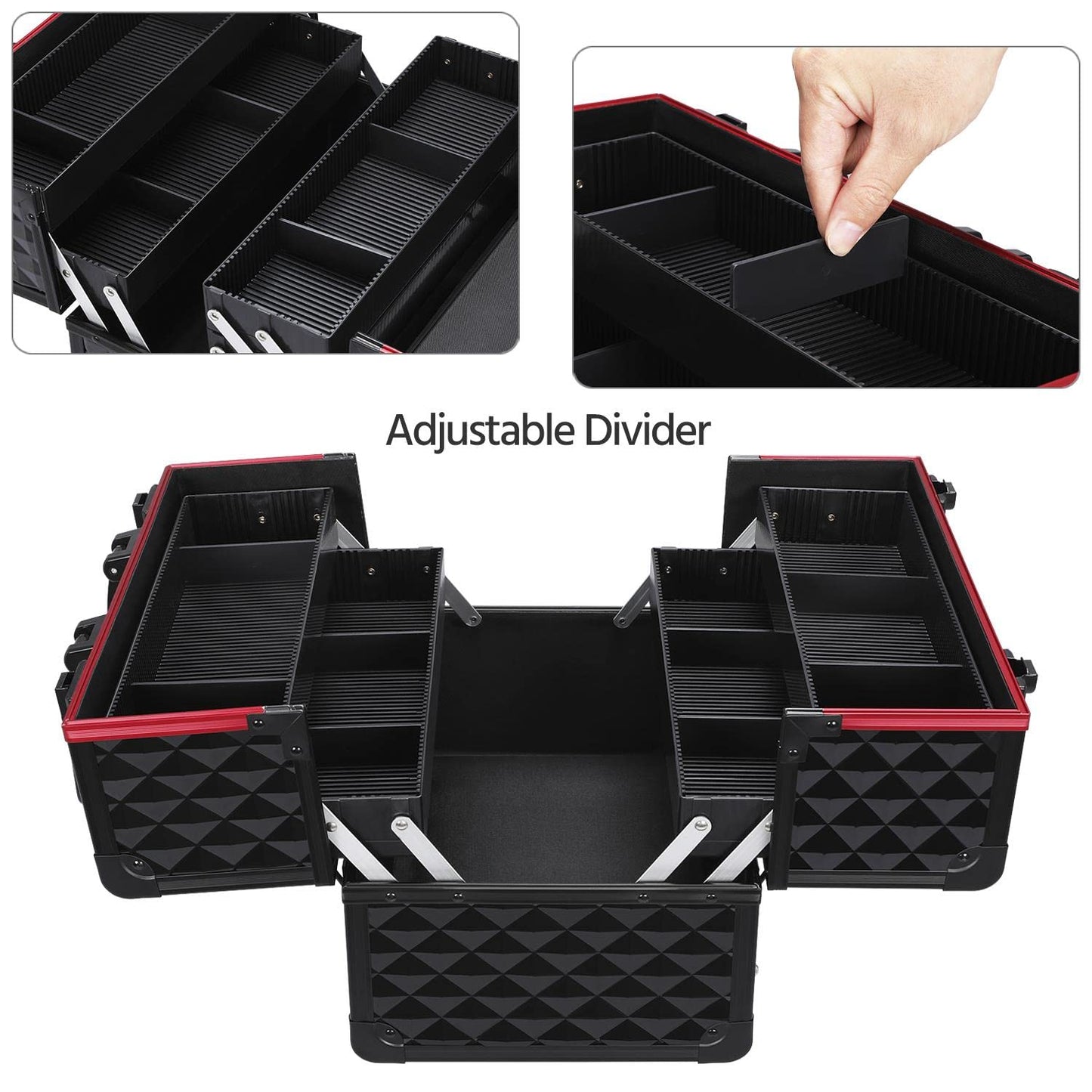 Yaheetech Professional Makeup Box Extra Large Cosmetic Case with 4 Trays, Beauty Nail Polish Jewellery Case Train Case Lockable, Black/Red