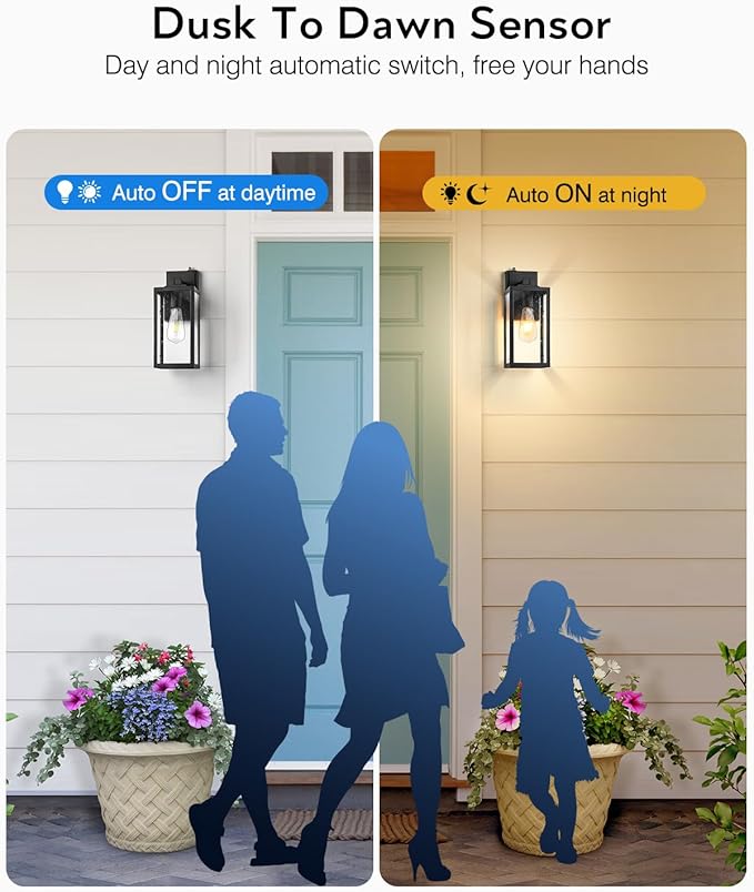 VIANIS Large 2 Pack Outdoor Wall Lights, Dusk to Dawn Black Exterior Garage Lighting Fixture Wall Mount Sconces, Modern Front Porch Lanterns Outside Lights for House, Waterproof Coach Lights Outdoor