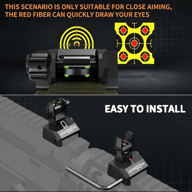 Fiber Optic Flip Up Iron Sight Set for Picatinny Rail - Low Profile Front & Rear Backup Sights with Red/Green Dots