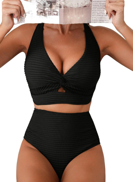 Herseas Black Textured Bikini Sets for Women Twist Front Push Up Top Swim Suits 2026 Summer High Waisted 2 Piece Girls Bathing Suits Flattering Beach Vacation Outfits Medium