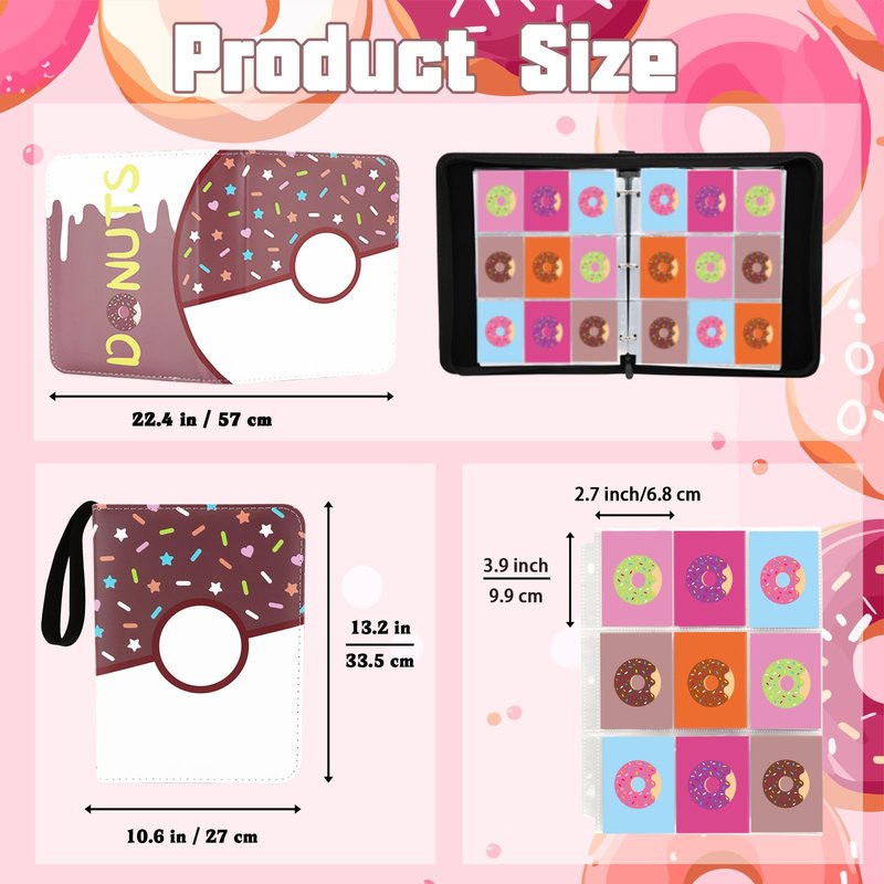 9 Pocket Card Binder 900 Card Holder Album, Pink Donut Trading Cards Holder Zipper Binder for Girl Teen Collection (Choco Donut, 900 Pocket)