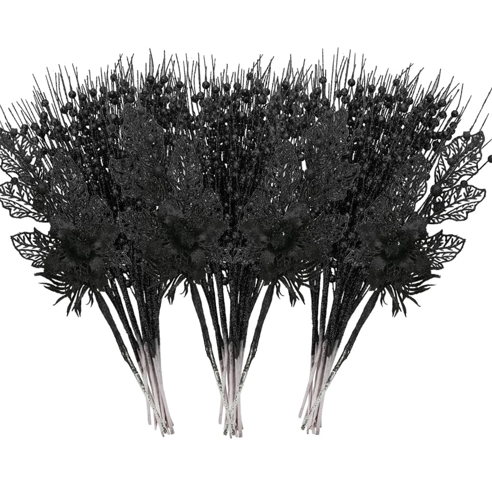 ROSELEAF 28 Pack Black Christmas Tree Ornaments, Artificial Glitter Berry and Flowers Stem Branches Picks for Halloween Xmas Tree Decoration Gift Small Vase Home Holiday Wedding Party Decor
