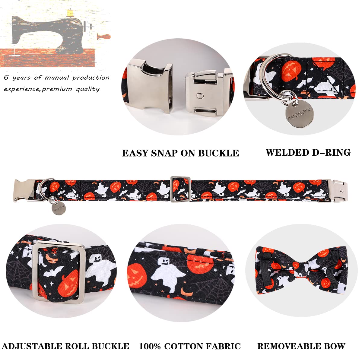 DOGWONG Halloween Black Ghost Dog Collar with Removable Cute Bow Tie Adjustable Pet Collars, Soft Comfy Halloween Themed Pet Collar, Fall Dog Collar for Small Medium Large Dogs
