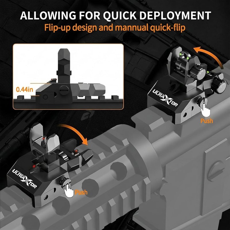 Fiber Optic Flip Up Iron Sight Set for Picatinny Rail - Low Profile Front & Rear Backup Sights with Red/Green Dots