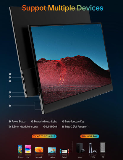 VILVA Portable-Monitor-for-Laptop - 15.6'' 1080P FHD IPS Display USB-C HDMI Portable Monitor for Laptop with Cover and Speakers External Monitor for Laptop/PC/Mac/Phone/Xbox Switch/PS4/