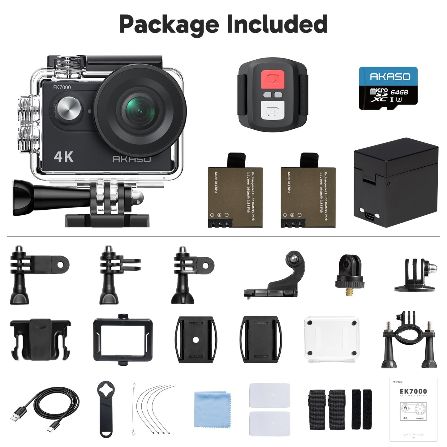 AKASO EK7000 4K30fps Action Camera with 64GB MicroSDXC U3 Memory Card Accessories Kit Bundle Ultra HD 131FT Waterproof Underwater Camera EIS WiFi Remote Control 4X Zoom, Black