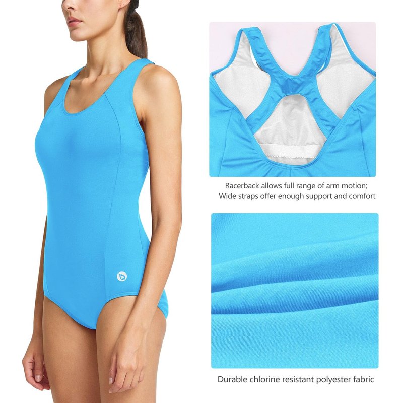 baleaf Women's Conservative Athletic Racerback One Piece Training Swimsuit Swimwear Bathing Suit Blue 38/Large