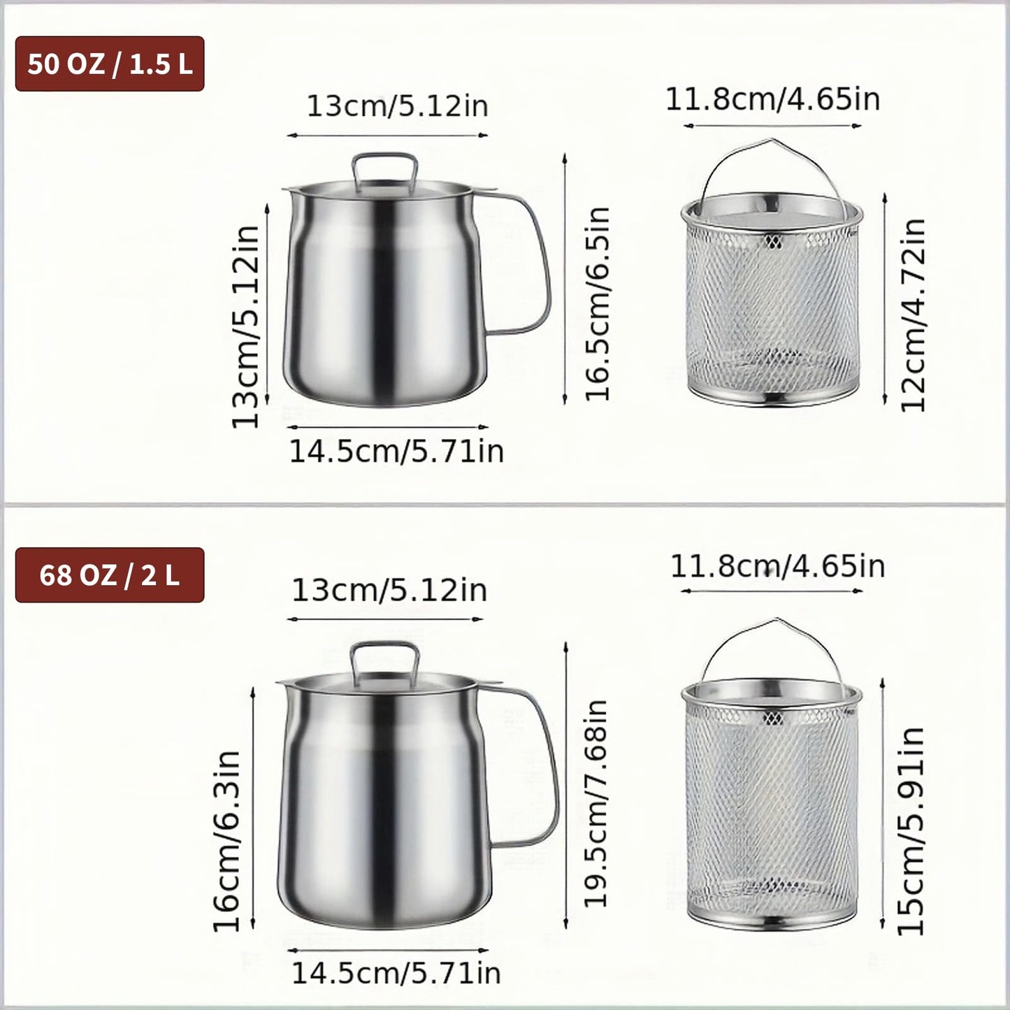 68oz 304 Stainless Steel Deep Fryer Pot with Basket & Strainer, Large Capacity Bacon Grease Container for Kitchen,Frying, Cooking, Camping,Oil Filter Container - Dishwasher Safe (68oz/2L/2.1Qt)