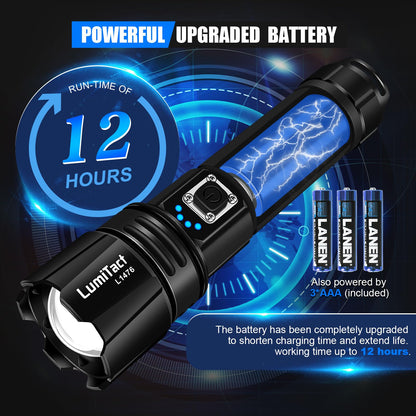 Torches LED Super Bright Rechargeable - 500000 Lumens Powerful Torch XHP70.2 Tactical Flashlight with Holster, 5 Modes & Zoomable Flash Light IP67 Waterproof for Camping Hiking Emergency Dog Walking