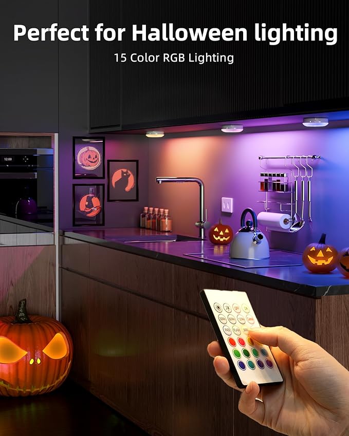 EZVALO Under Cabinet Lighting with Charging Station,1000mAh Rechargeable Puck Lights with Remote, 3 Color Temps & 12 RGB Closet Lights, Dimmable Motion Sensor Lights for Shelf, Kitchen (6 Packs)