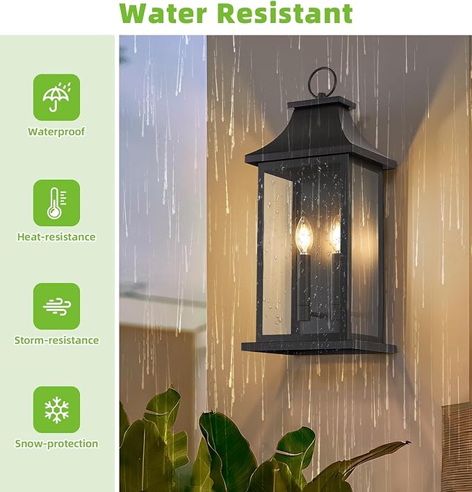 tewei 22'' Large Outdoor Wall Light, Porch Light Outdoor Wall Sconce Lantern, 2-Light Black Exterior Lighting Fixture Wall Mount, Outside Light for House Garage, 1-Pack