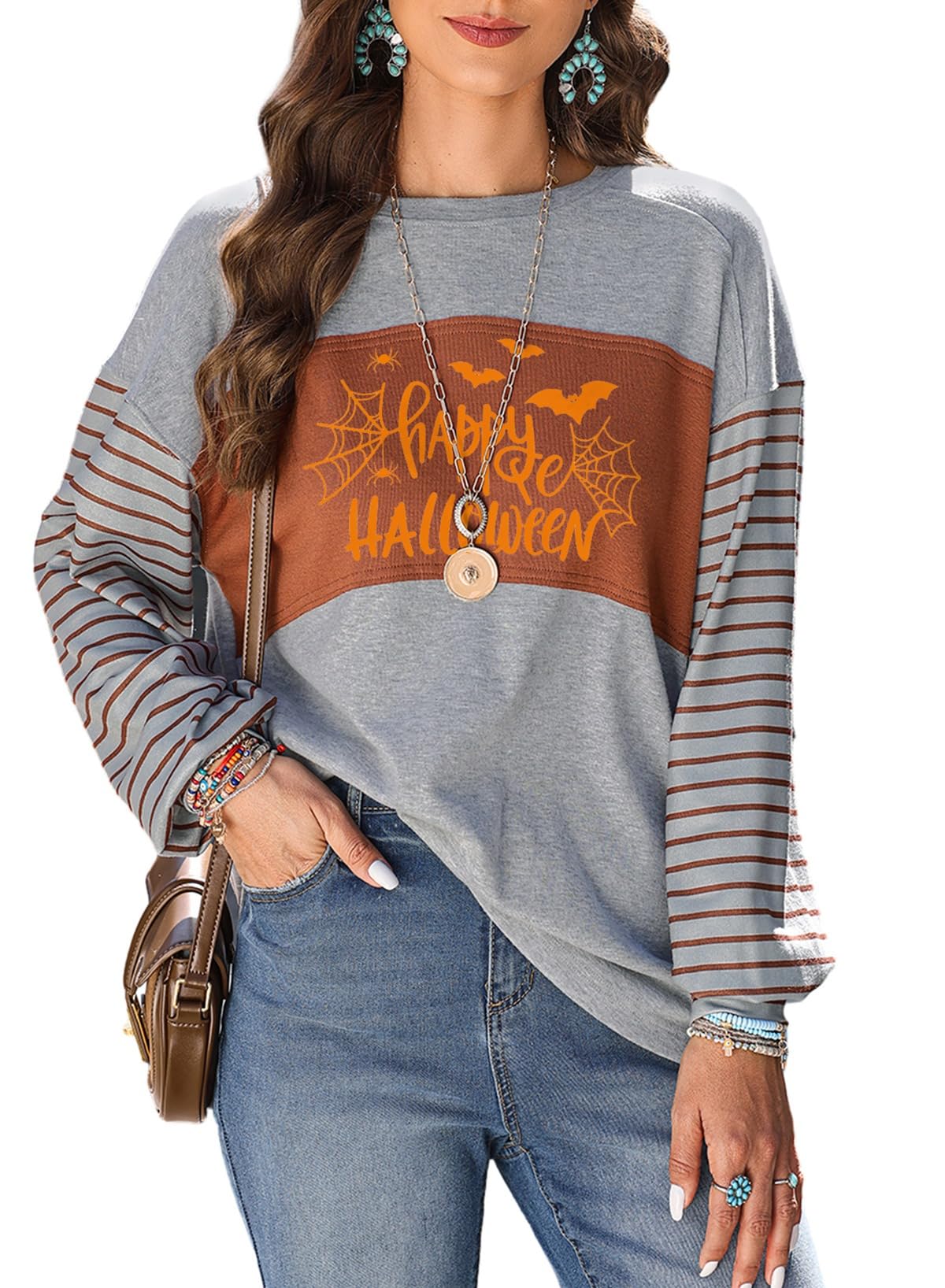 Dokotoo Halloween Spooky Season Womens Tops 2024 Summer Fall Striped Crewneck T-Shirts Long Sleeve Women's Blouses Tops for Women