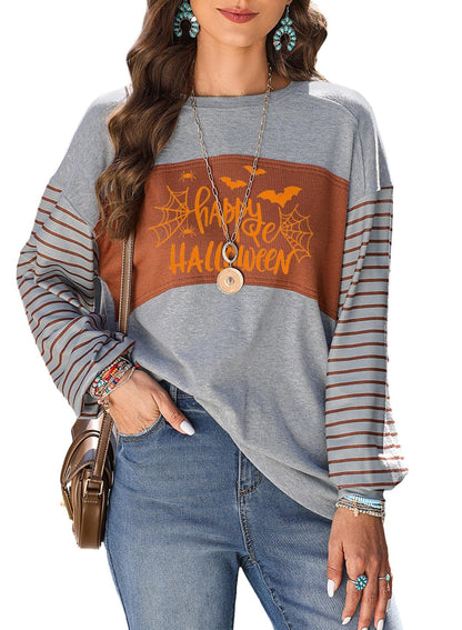 Dokotoo Halloween Spooky Season Womens Tops 2024 Summer Fall Striped Crewneck T-Shirts Long Sleeve Women's Blouses Tops for Women