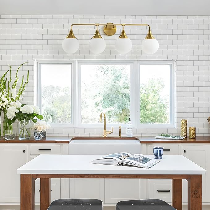 Bathroom Vanity Light Fixtures: 4 Lights Mid Century Modern Bathroom Lighting Fixtures Over Mirrors - Brass Gold Wall Sconce with Milky Glass Ball Shades for Bath Bedroom