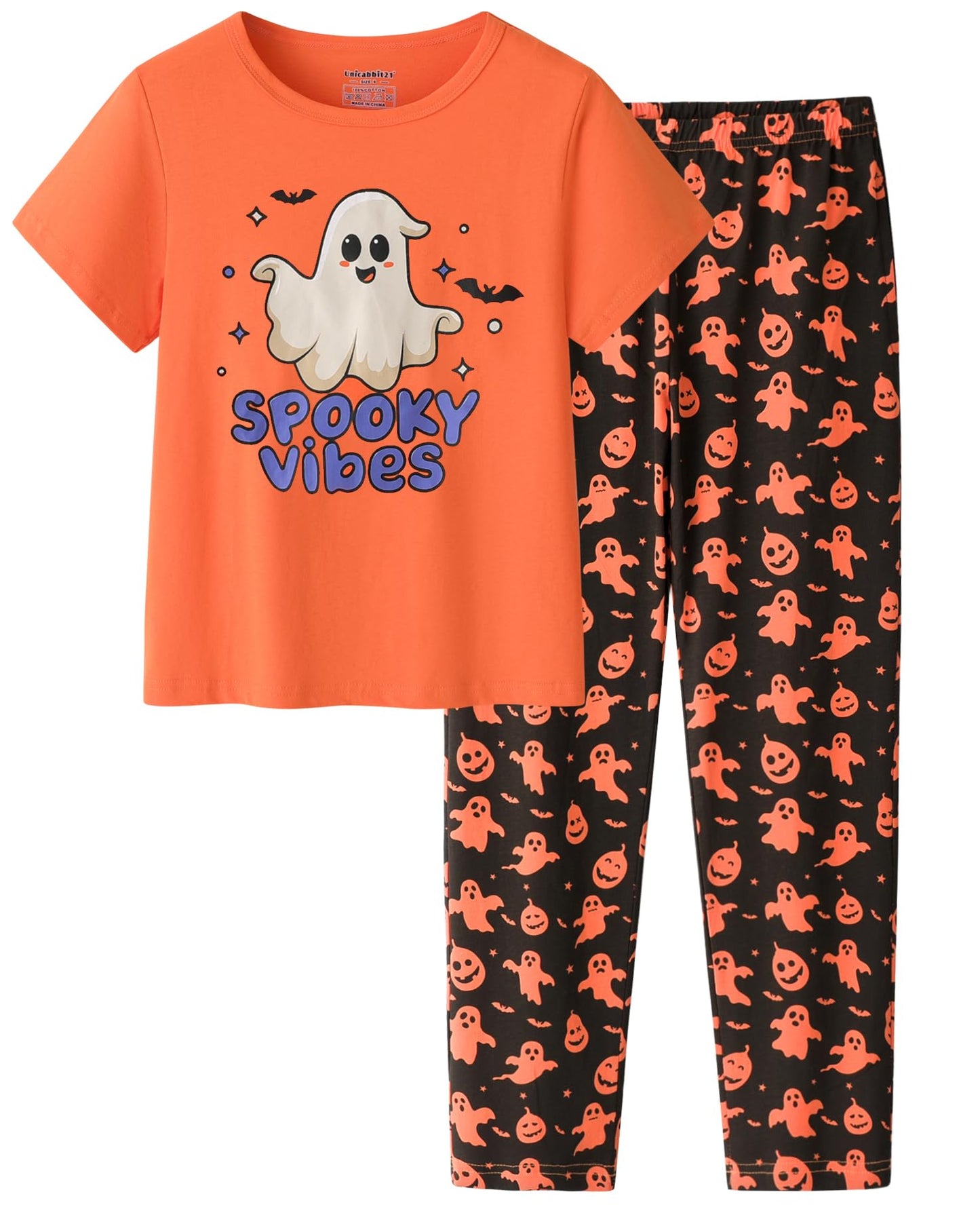 UNICABBIT21 Pajamas for Girls Cute Orange and Black Ghosts Halloween Pants and Short Sleeve Tee Big Kids Sleepwear Set Size 12