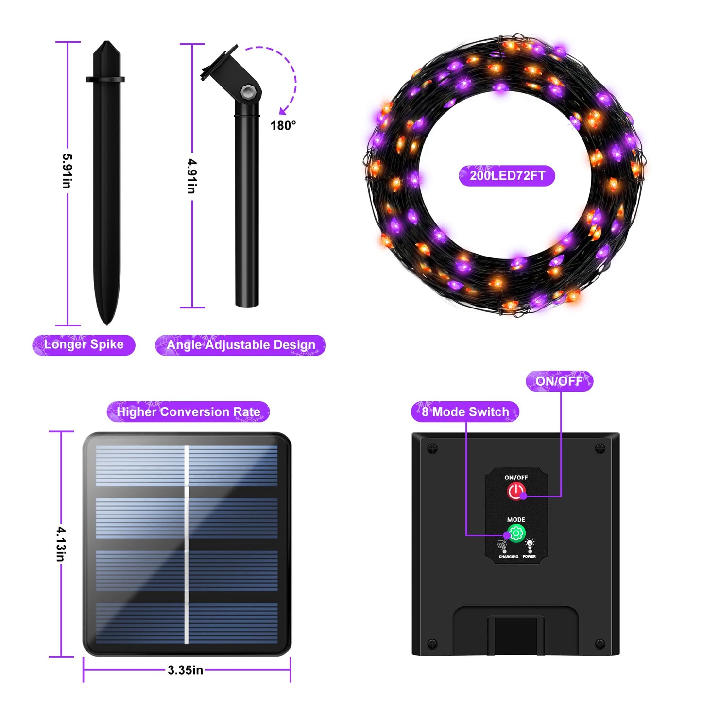 200LED Solar Halloween Lights，78FT Orange& Purple String Lights，Solar Fairy Lights with 8 Modes， Halloween Lights Outdoor Waterproof for Bedroom Patio Garden Party Yard Decoration