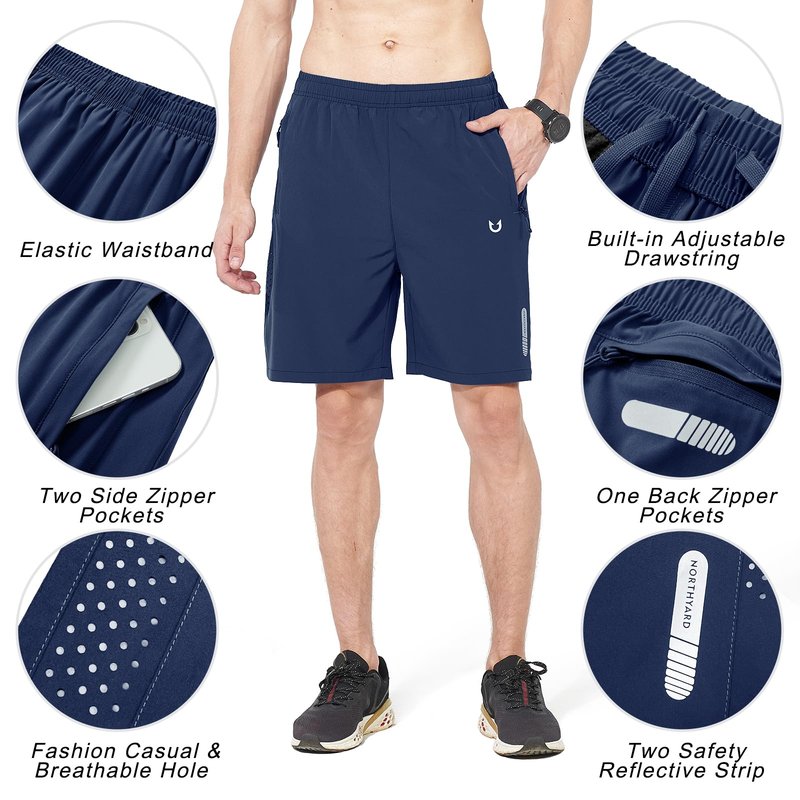 NORTHYARD Men's Athletic Running Shorts Gym Workout 7"/9"/5" Quick Dry Lightweight Sports Basketball Tennis 3 Zipper Pockets DARKBLUE 4XL
