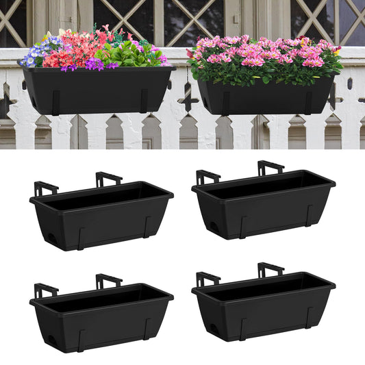 CADUKE Railing Planter Box 4 Pack Window Boxes Planter with Adjustable Brackets 16.9 Inches Deck Railing Hanging Flower Boxes Black Balcony Planters Fence Hanging Planters for Outdoor