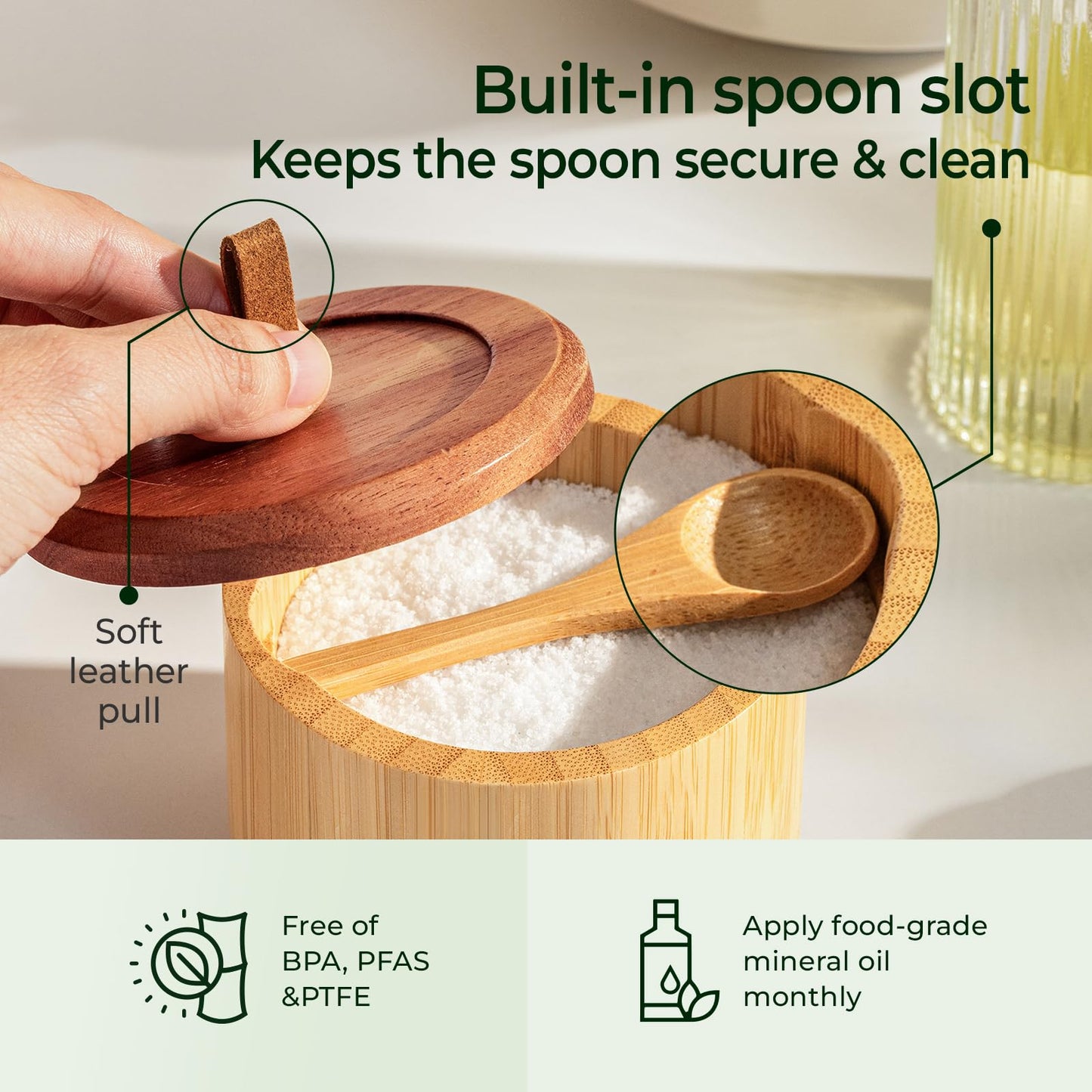 keechee Bamboo Salt Cellar with Acacia Lid & Spoon, 7.7oz Capacity with Built-In Spoon Slot & Labels, Two-Tone Countertop Seasoning Container (Single Compartment - 1 Pack)