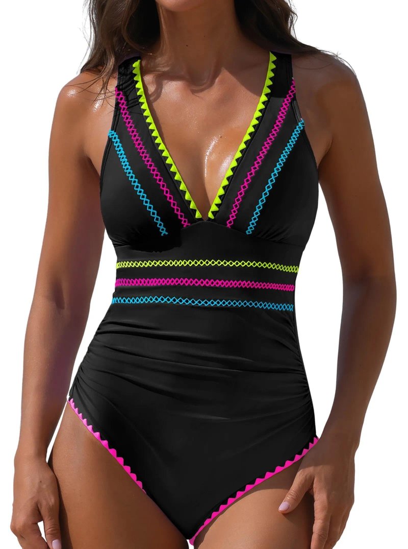 popvil Modest One Piece Swimsuits for Women 2026 Tummy Control Neon Bathing Suit with Adjustable Strap, Black, Large