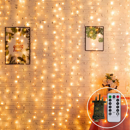 2MX2M Curtain Lights Mains Powered, Window Curtain Light Backdrop Indoor Fairy Lights Plug in for Room, Linkable,204 LED,Remote,Waterproof for Wall Gazebo Xmas(Warm White)