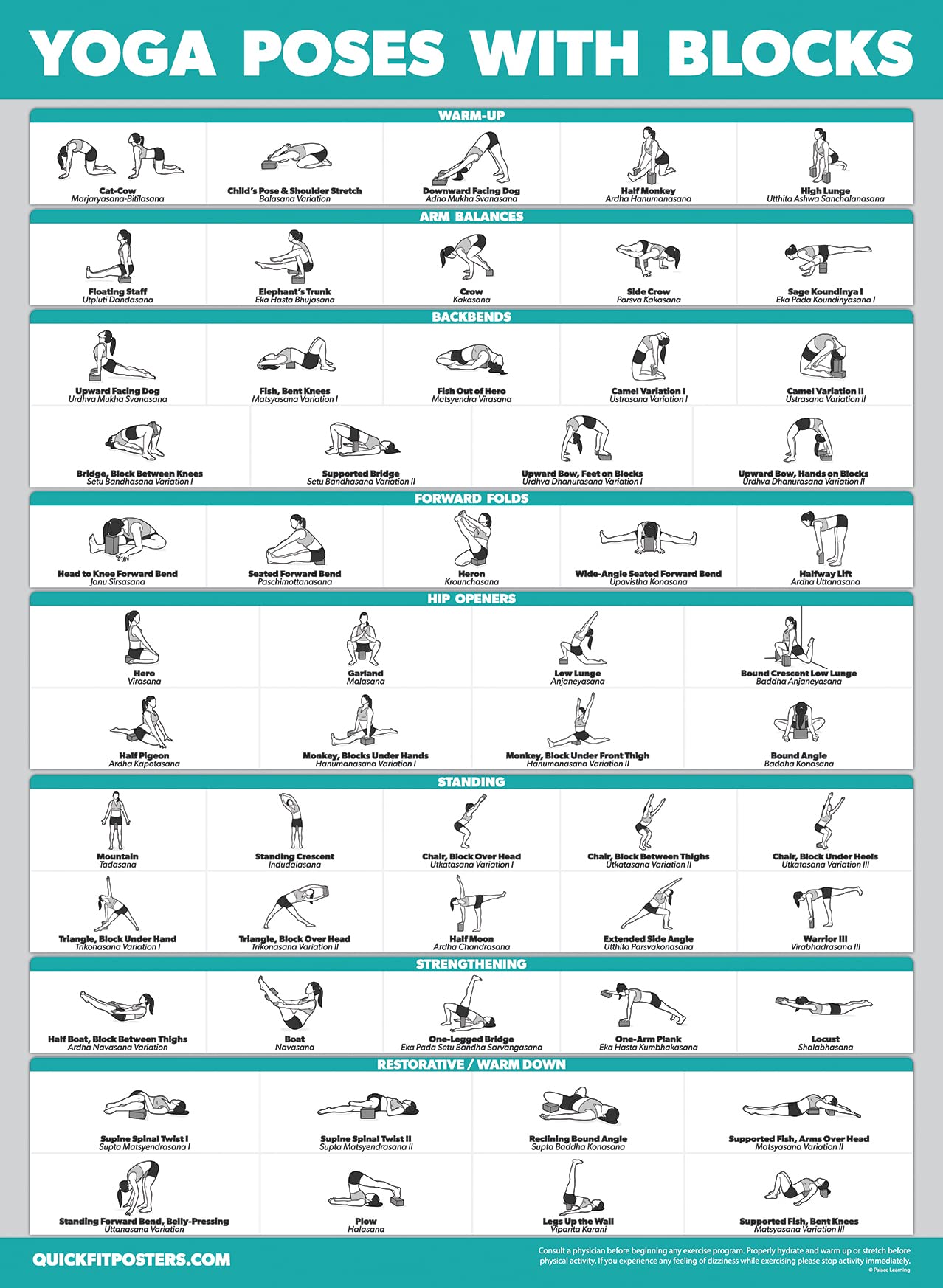 Palace Learning 4 Pack - Yoga Block Poses + Pilates Exercise + Yoga Poses Positions + Stretching Posters - Set of Four Fitness Charts (18" x 24", LAMINATED)