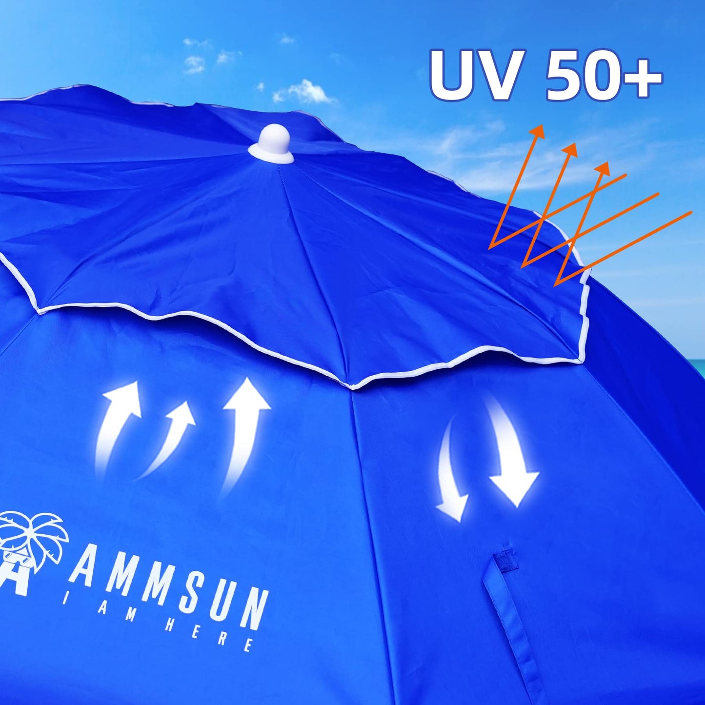 AMMSUN 6ft Folded Portable Travel Beach Umbrella with Sand Anchor Tilt Air vent UPF 50+UV Protection Fit In Suitcase Compact Foldable Telescopic umbrellas for Patio Garden Beach Pool Blue